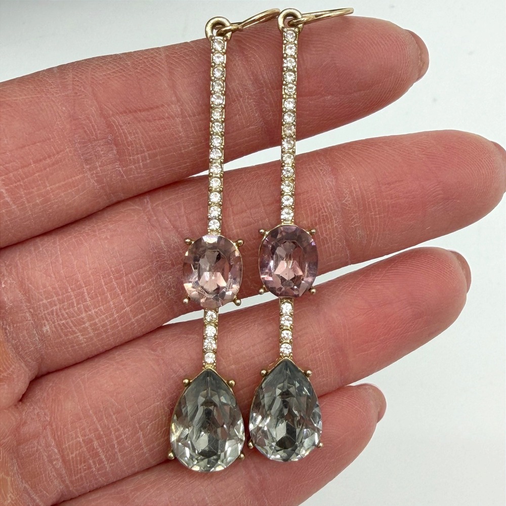 Vintage Pink Glass‎ Rhinestone Drop Earrings Gold Tone Dangle Statement